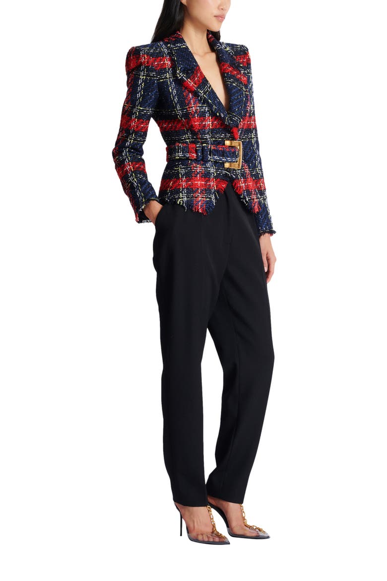 Belted plaid tweed jacket, Main, color, red