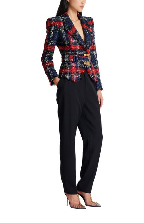 Belted plaid tweed jacket