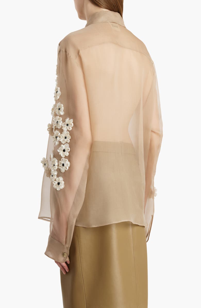Khaite Argo Floral Appliqué Sheer Silk Organza Button-Up Shirt, Alternate, color, Tea Stain Scatter