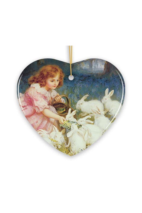 Girl Feeding Rabbits Vintage Heart Ornament