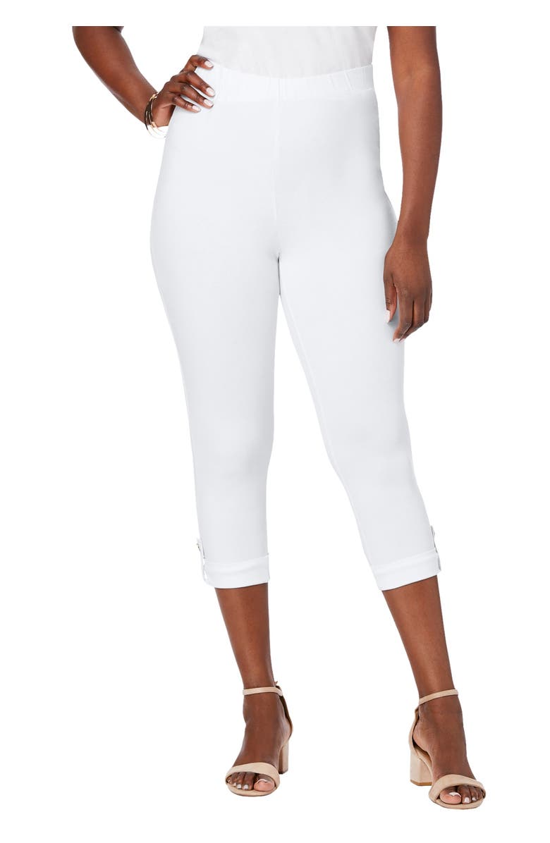Jessica London Stretch Cotton Cuff-Button Capri Legging, Main, color, White