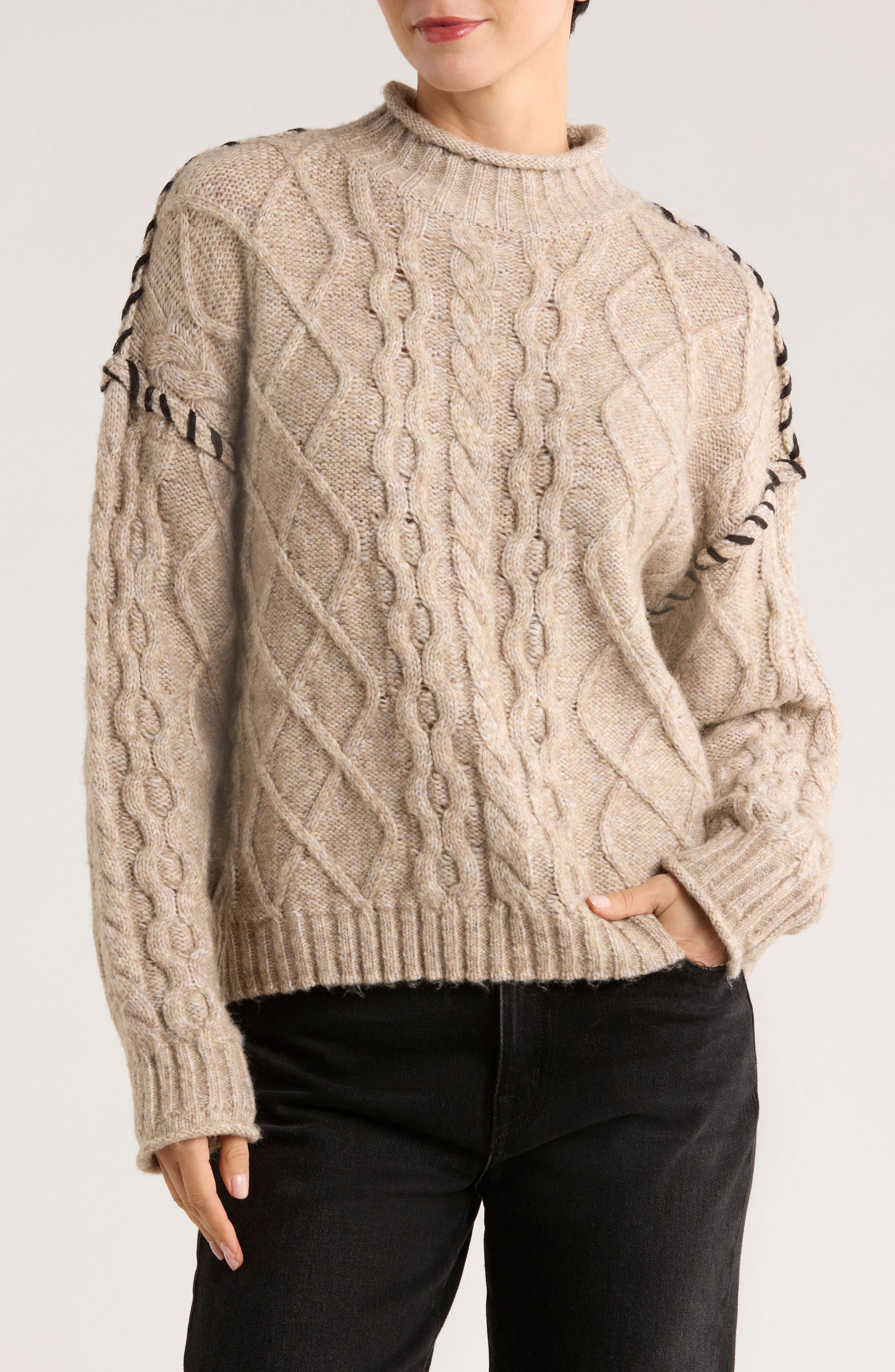 Mock Neck Cable Knit Sweater