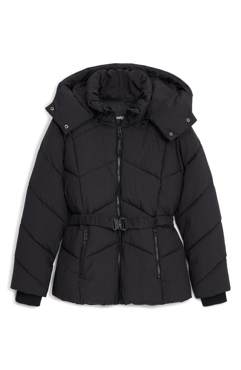 Desigual Quilted Puffer Coat with Removable Hood, Alternate, color, Black