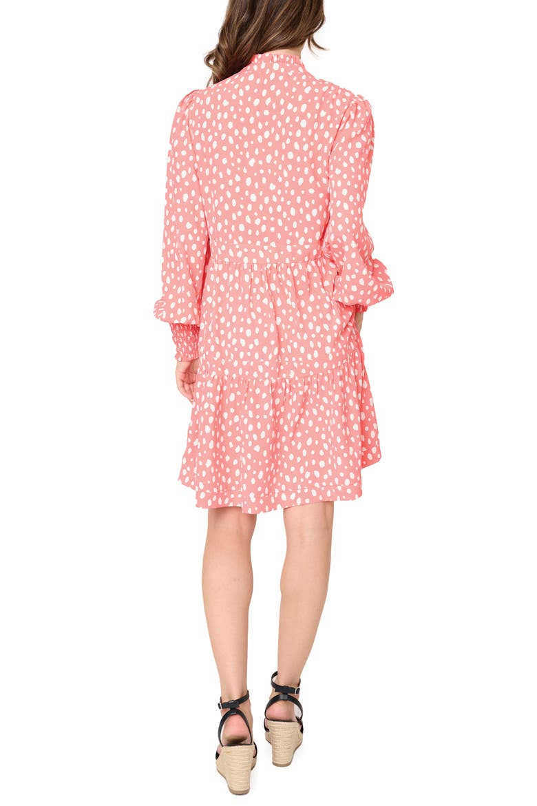 Printed Tiered Long Sleeve Dress, Alternate, color, CORAL ABTRACT DOT
