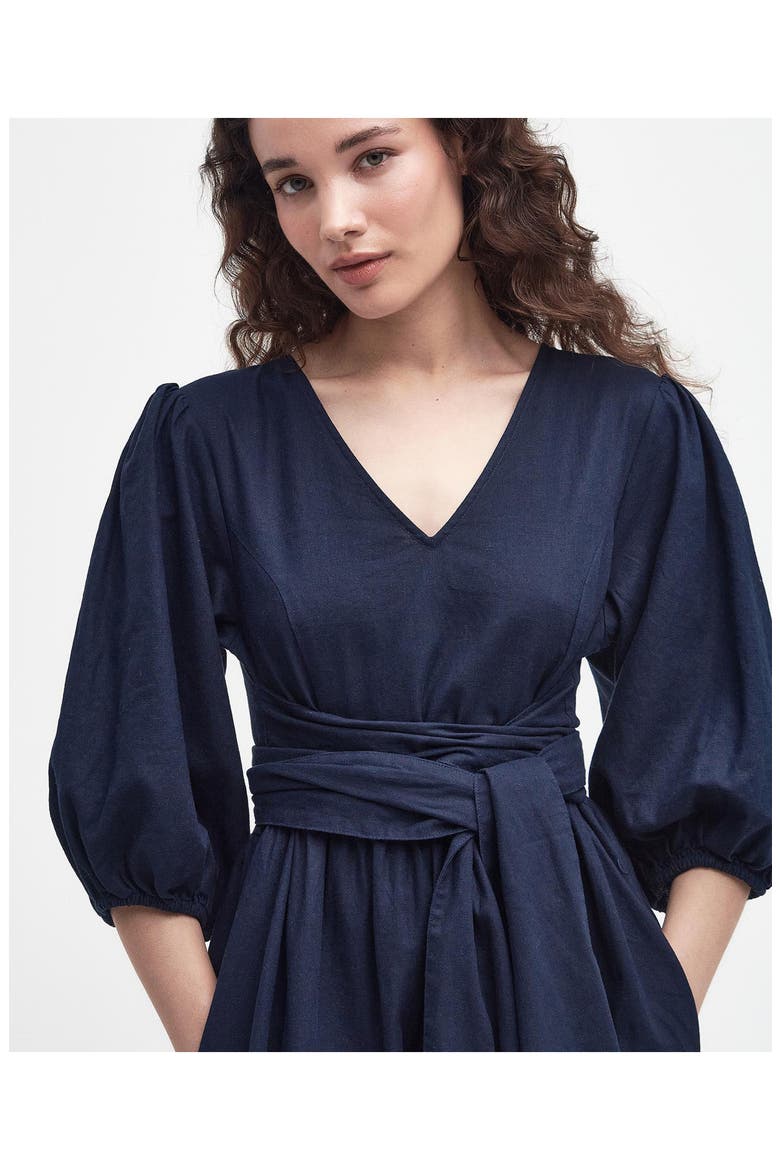 Annie Puff Sleeve Linen & Cotton Midi Dress, Alternate, color, NAVY