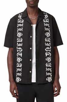 AllSaints Scripture Embroidered Short Sleeve Cotton Button-Up Shirt