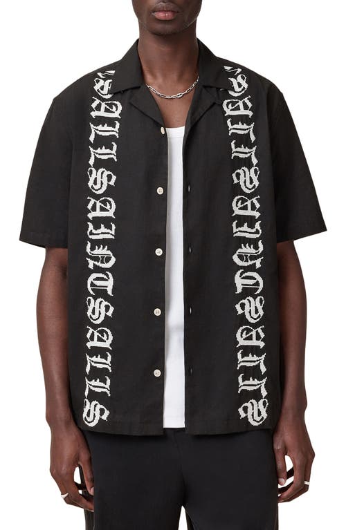 Allsaints Scripture Embroidered Short Sleeve Cotton Button-up Shirt In Black