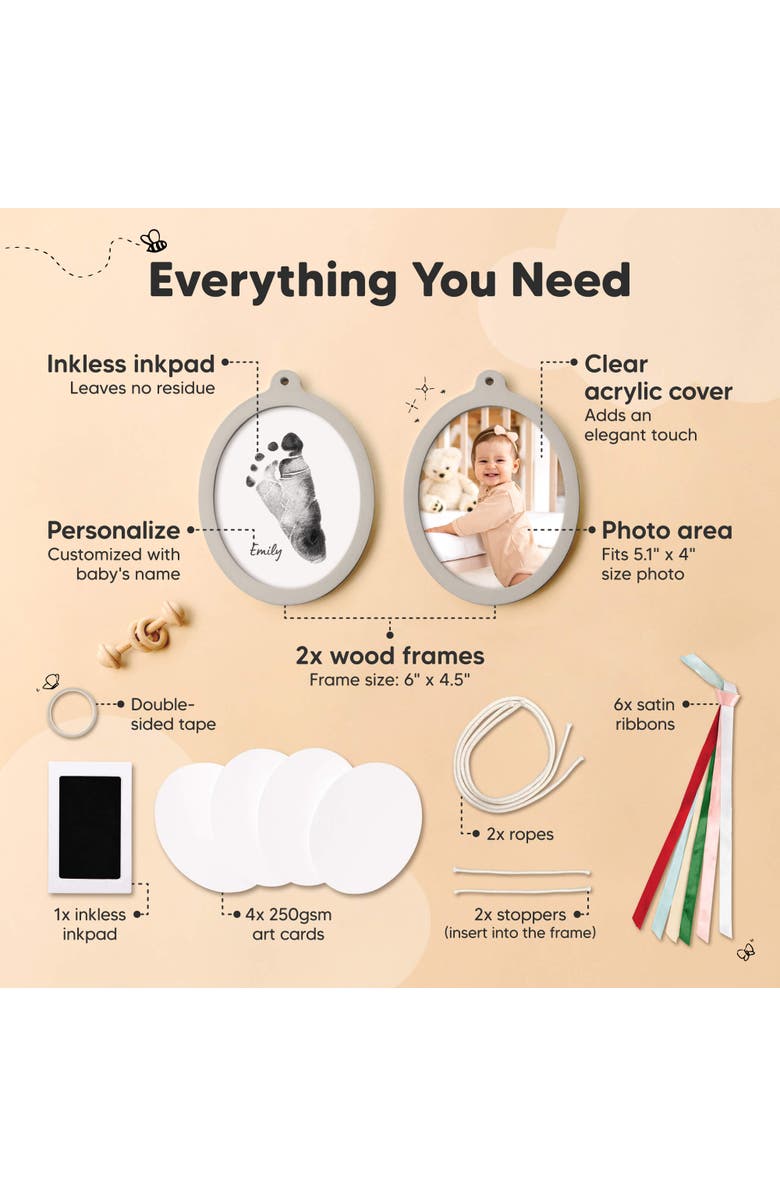 KeaBabies Bitsy Inkless Baby Print and Photo Ornaments, Alternate, color, Oval/Cloud Gray