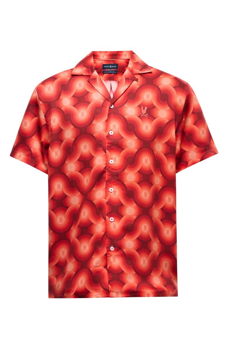 Psycho Bunny Paros Wave Print Lyocell Camp Shirt, Alternate, color, Hot Coral