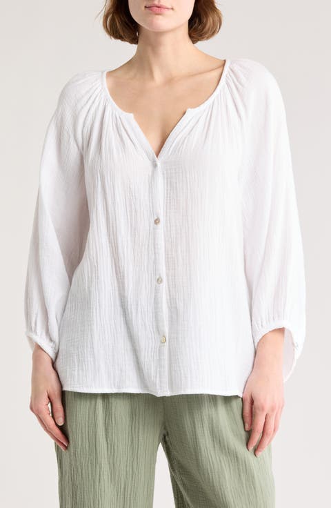 Coral Isle Cotton Gauze Peasant Blouse