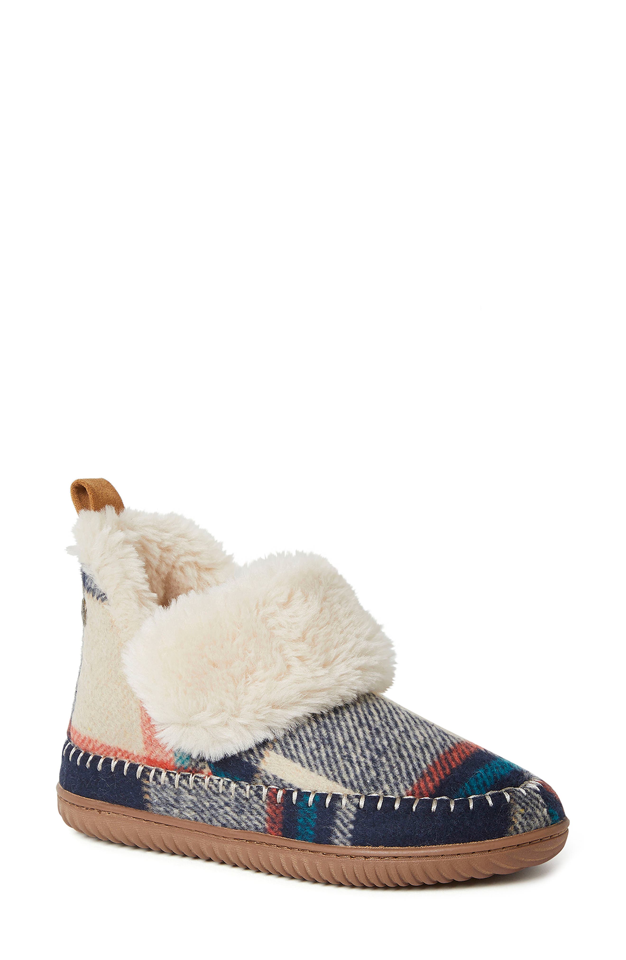 Moritz Faux Fur Slipper Bootie, Main, color, NAVY PLAID