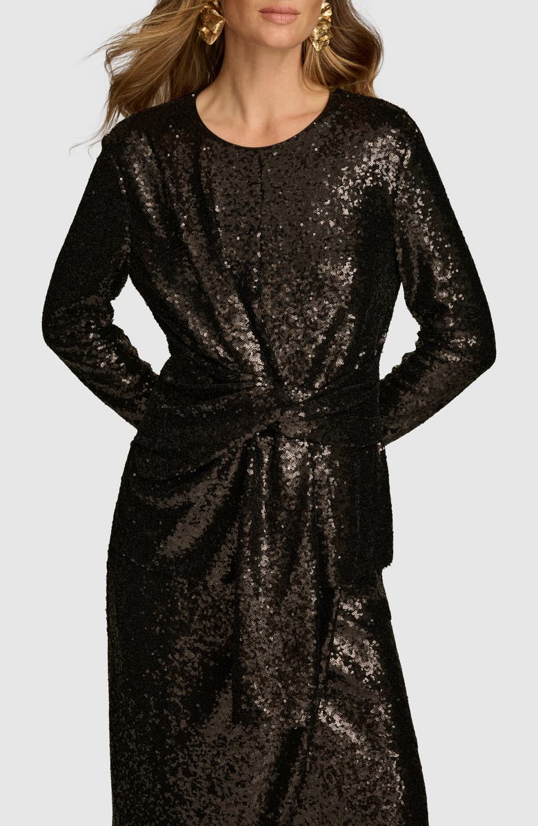 Donna Karan New York Sequin Tie Waist Long Sleeve Top, Alternate, color,