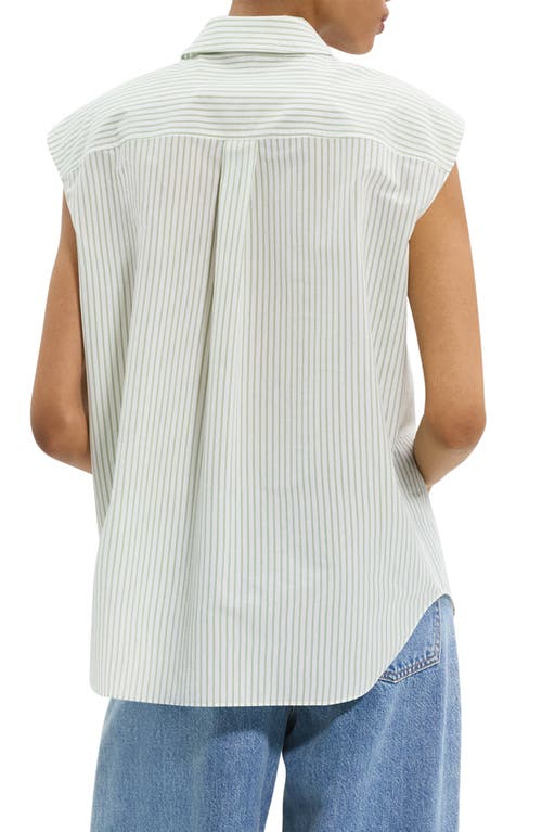 Theory Cinched Cap-sleeve Shirt In Striped Cotton-blend In Multi