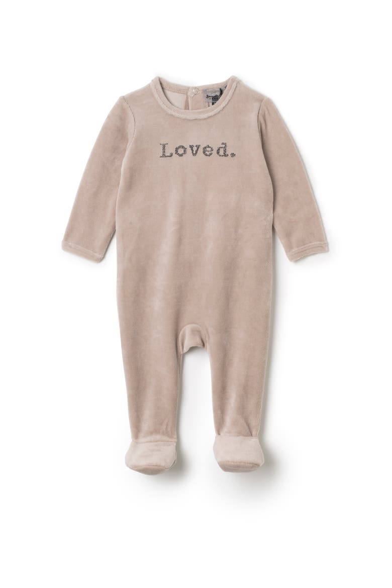 Loved Embroidered Velour Snap Romper, Alternate, color, Beige