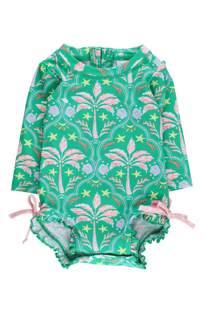 RuffleButts Kids' Coconut Cabana Ruffle Long Sleeve UPF 50+ One-Piece Rashguard Swimsuit, Main, color, Green