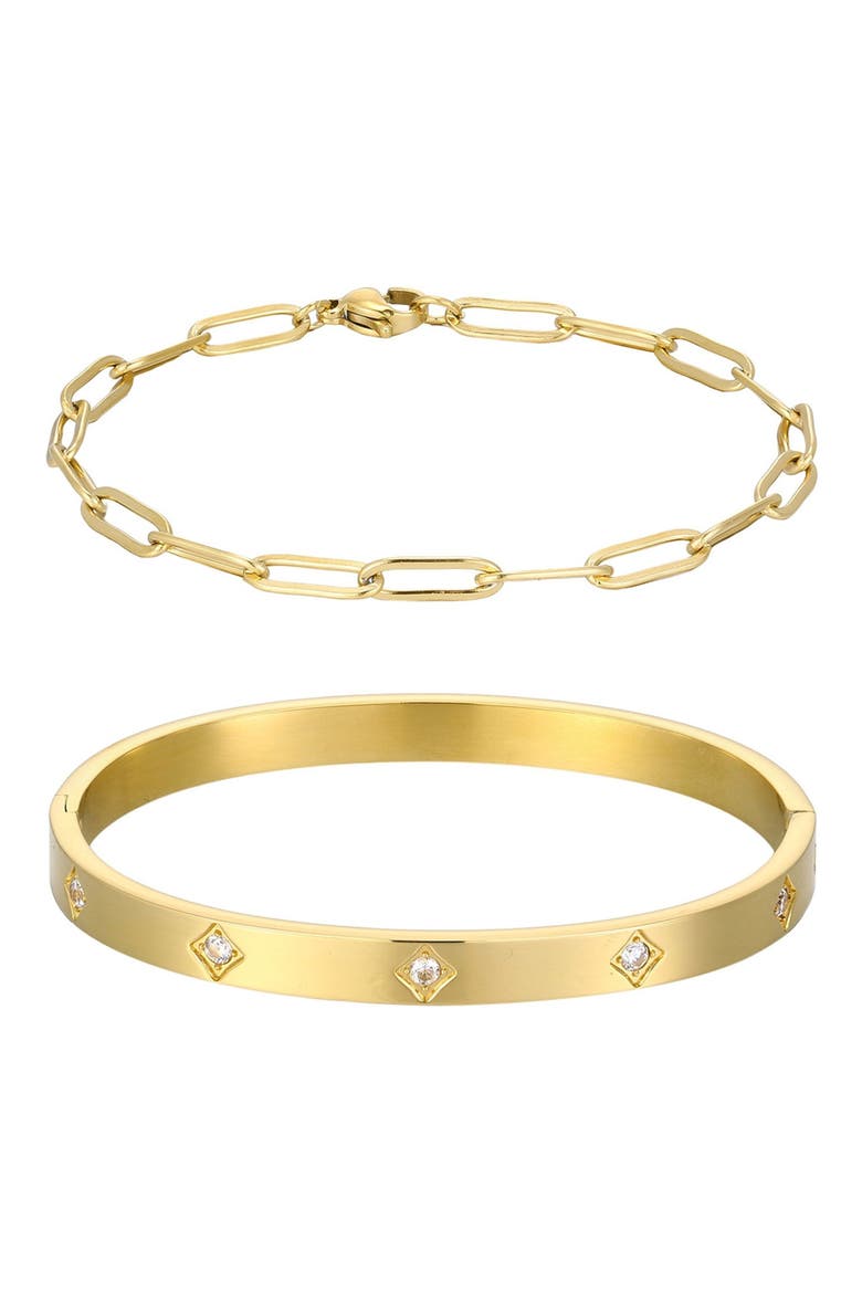 Set of 2 Tarnish Resistant 18K Gold Plated Chain & Cubic Zirconia Bangle Bracelets, Main, color, GOLD
