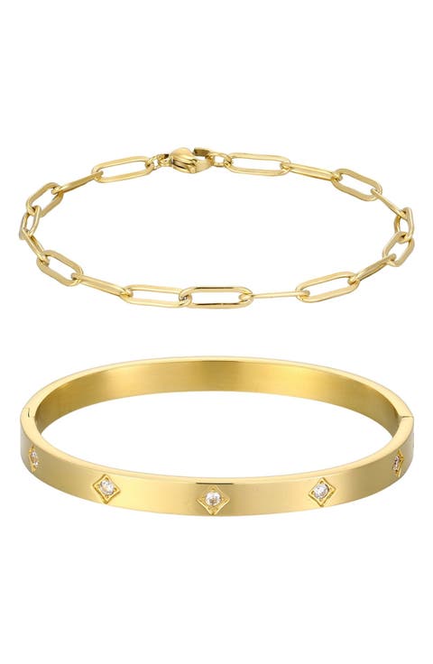 Set of 2 Tarnish Resistant 18K Gold Plated Chain & Cubic Zirconia Bangle Bracelets
