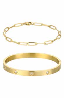 Adornia Set of 2 Tarnish Resistant 18K Gold Plated Chain & Cubic Zirconia Bangle Bracelets
