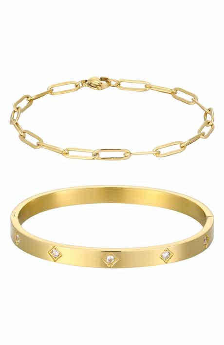 Adornia Set of 2 Tarnish Resistant 18K Gold Plated Chain & Cubic Zirconia Bangle Bracelets