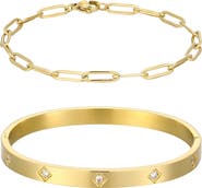 Adornia Set of 2 Tarnish Resistant 18K Gold Plated Chain & Cubic Zirconia Bangle Bracelets