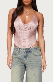 EDIKTED Elenie Fringe Cowl Neck Crossback Top
