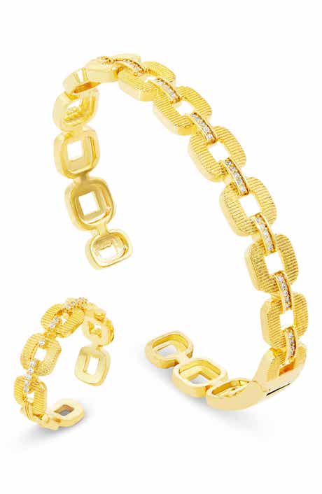 Cubic Zirconia Link Cuff Bracelet & Ring Set