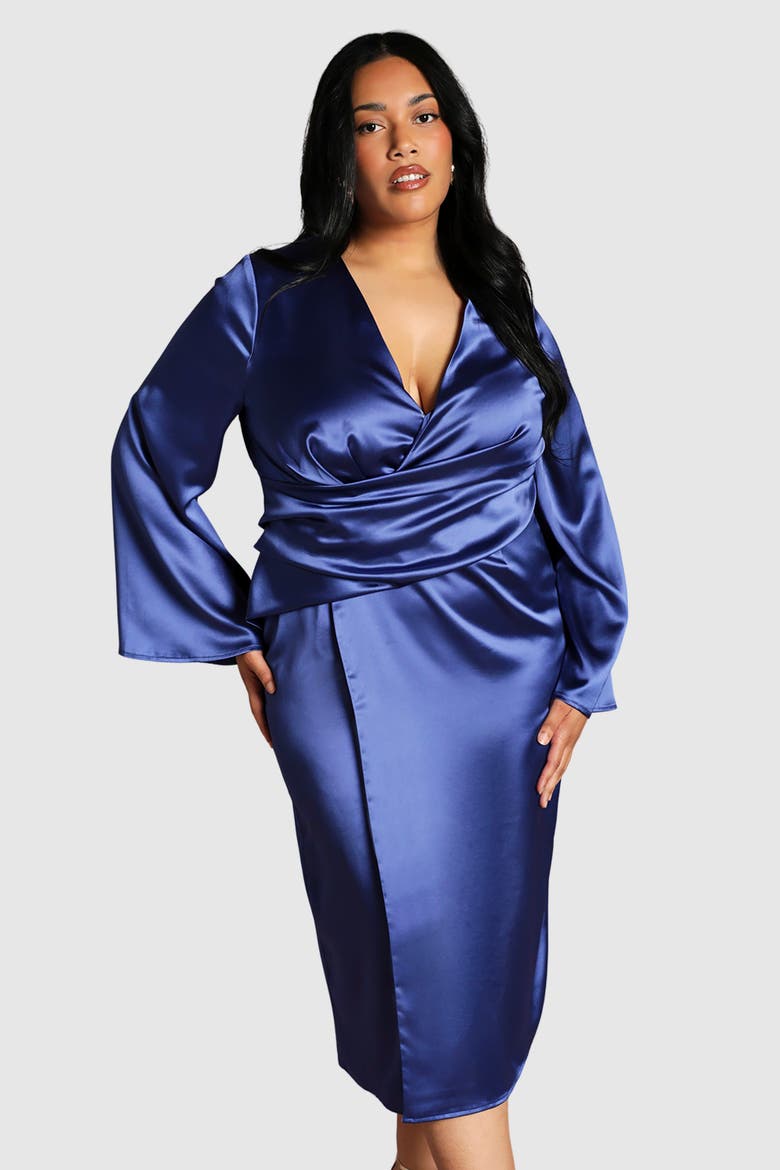 Plus Satin Flared Sleeve Wrap Dress, Alternate, color, Cobalt