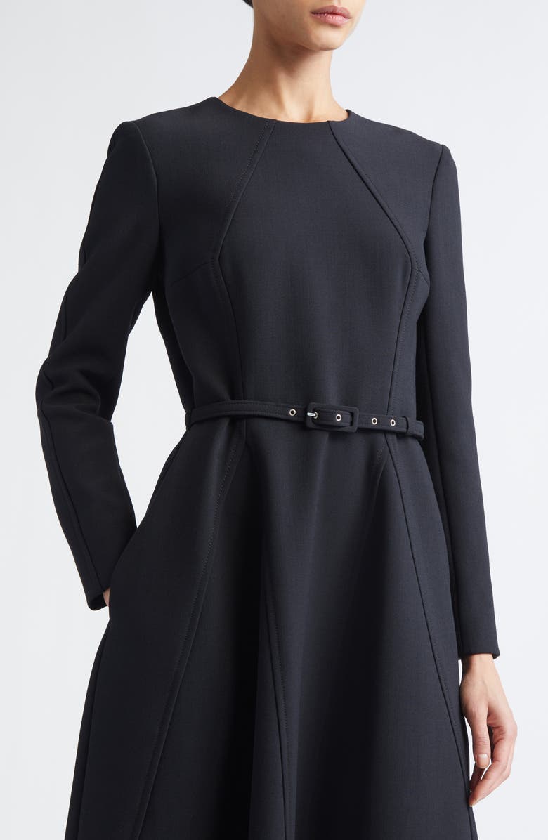Emilia Wickstead Uccelina Belted Long Sleeve Bird's Eye Suiting Fit & Flare Dress, Alternate, color, Black