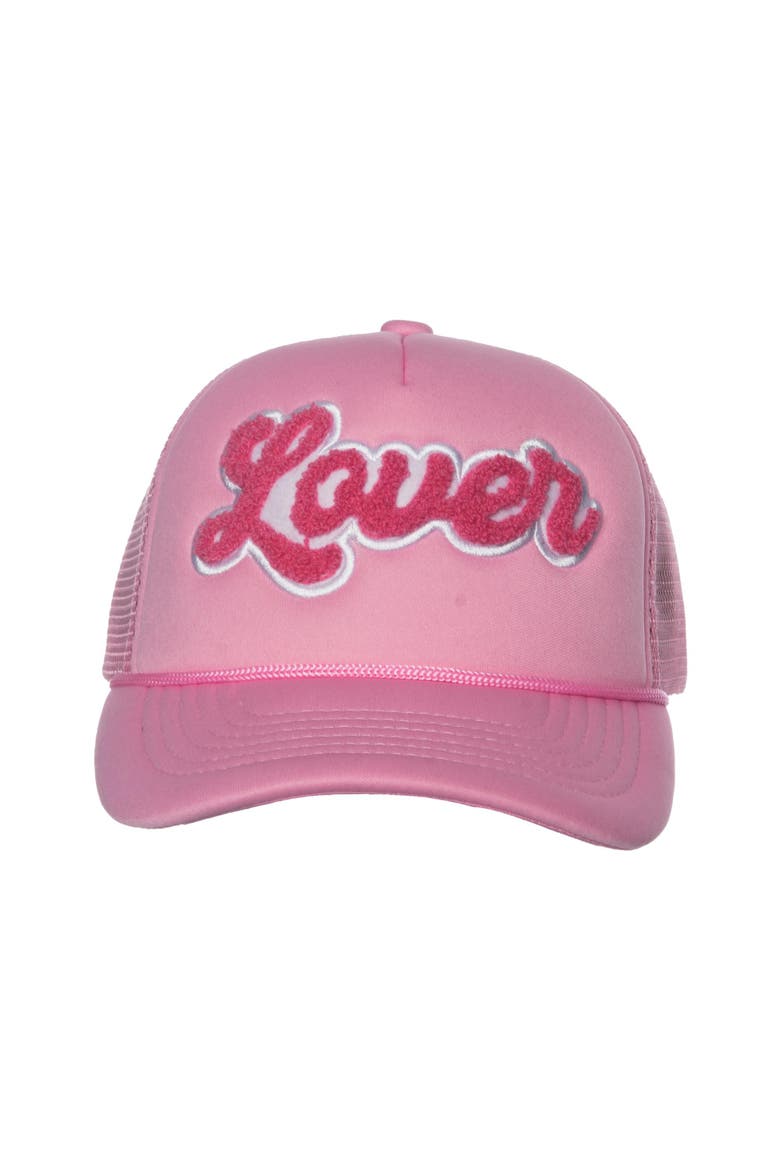 Lover Fuzzy Patch Trucker Hat Cotton Pink, Main, color, Pink
