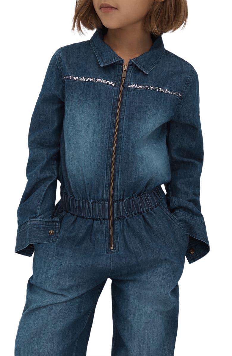 Reiss Kids' Marnie Denim Jumpsuit, Alternate, color, Blue