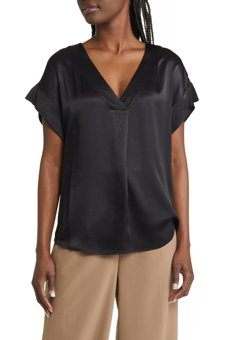 Nala Satin V-Neck Top, Main, color, BLACK