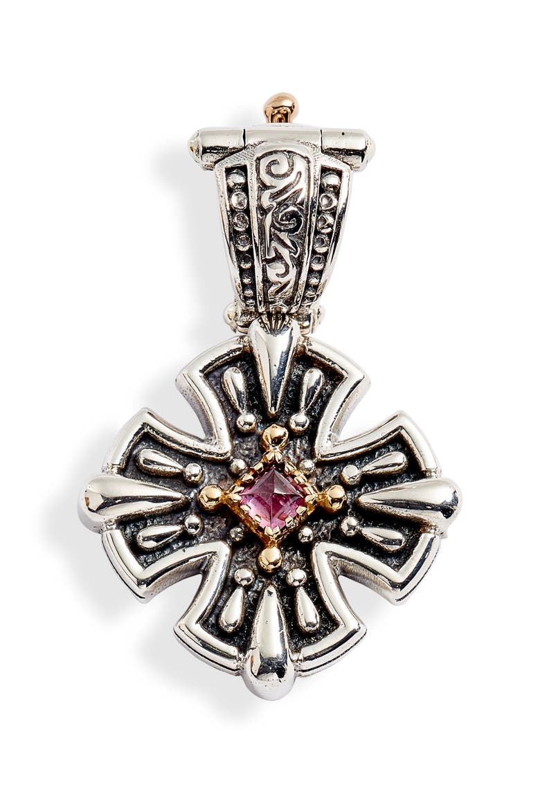 Trillion Small Stone Cross Pendant, Main, color, SILVER/ GOLD/ RHODOLITE