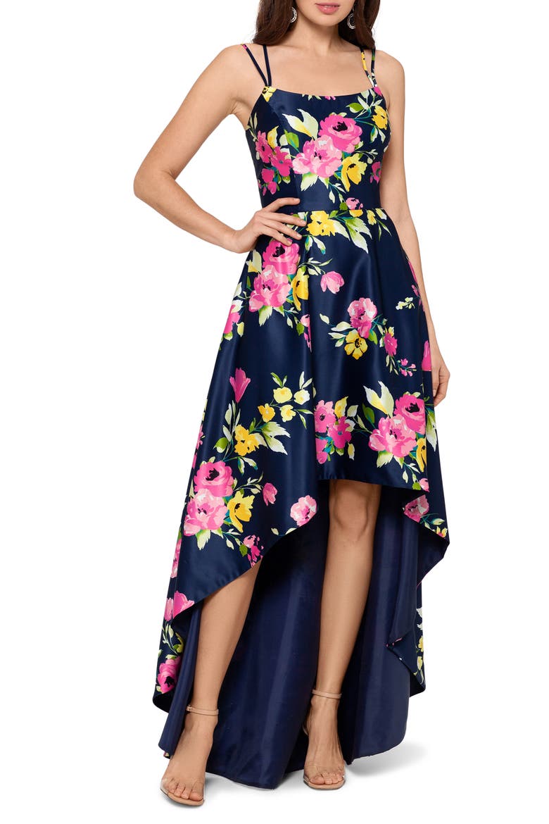 Xscape Floral High/Low Gown, Main, color, NAVY/ FUCHSIA