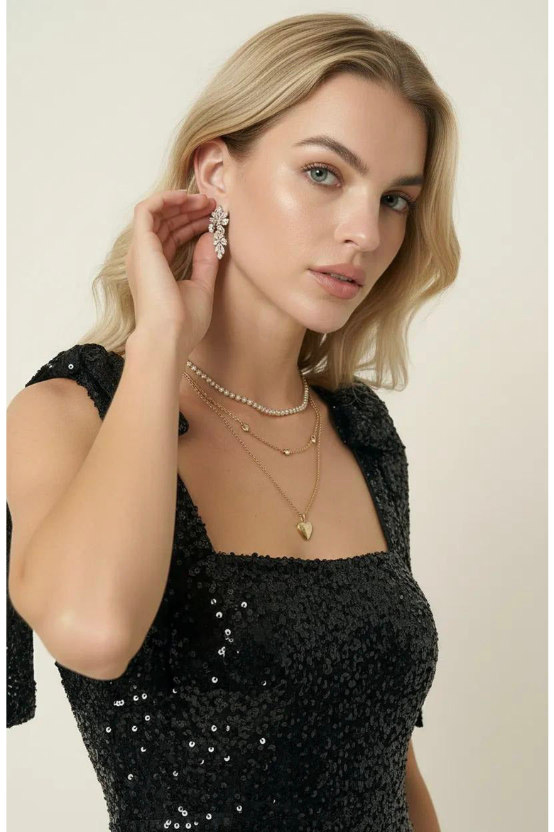 Sequin Midi Dress with Tie Straps and Square Neckline, Alternate, color, Black Sequin