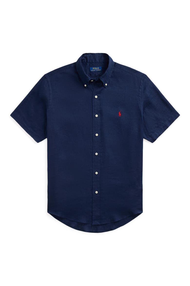 Piece Dye Linen Short Sleeve Button-Down Shirt, Alternate, color, NEWPORT NAVY