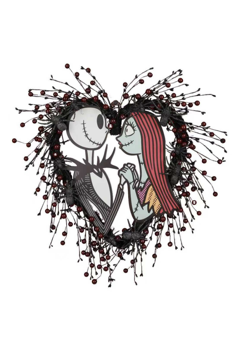 Disney Jack Skellington and Sally 26-Inch Pre-Lit Halloween Wreath, Main, color, Black