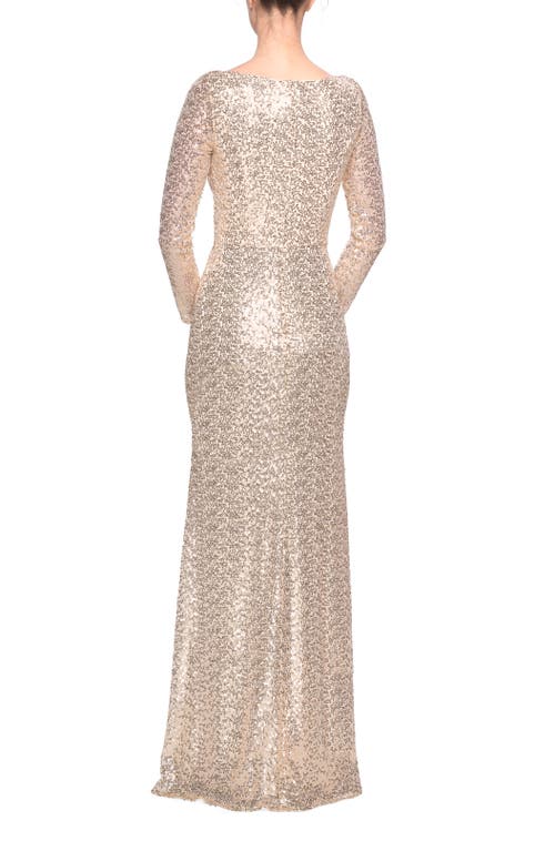 La Femme Long Sleeve Sequins Gown With Soft V-neckline