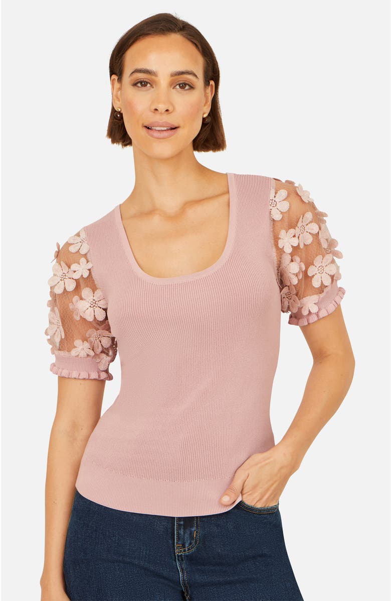 Yumi Floral Applique Knitted Top, Alternate, color, Blush