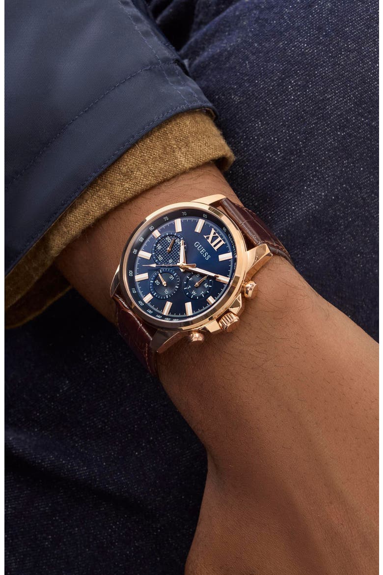 Walker Blue Dial Multifunction Leather Strap Watch, 44mm, Alternate, color, BROWN