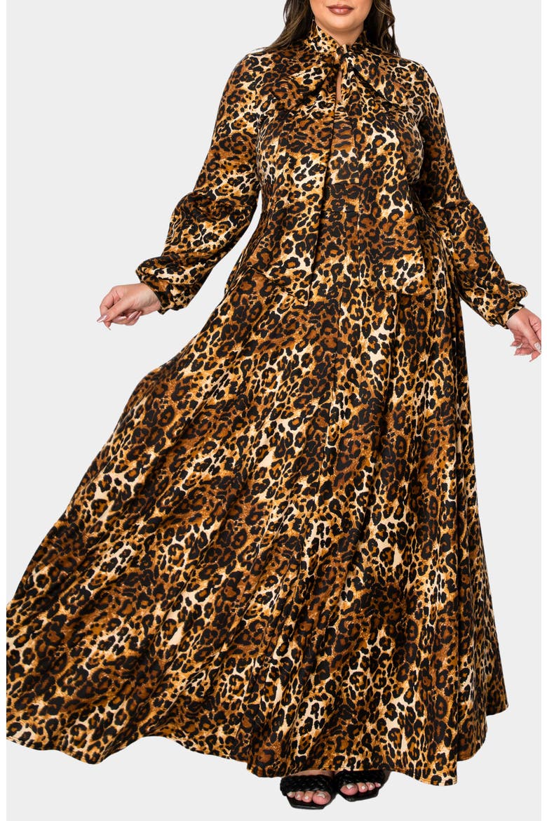 Luciana Leopard Print Tie Neck Long Sleeve Maxi Dress, Alternate, color, TAUPE