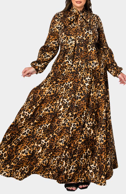 L I V D Luciana Leopard Print Tie Neck Long Sleeve Maxi Dress In Taupe