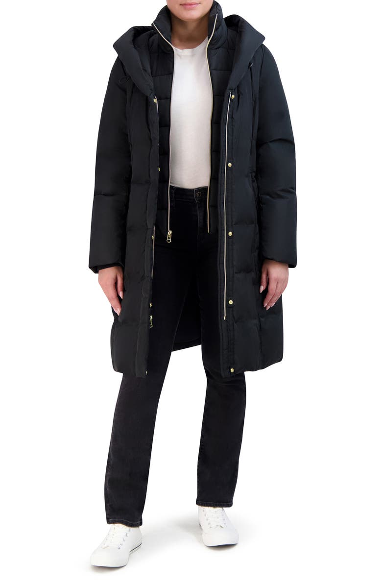 Cole Haan Taffeta Quilted Puffer Coat with Bib, Alternate, color, Black