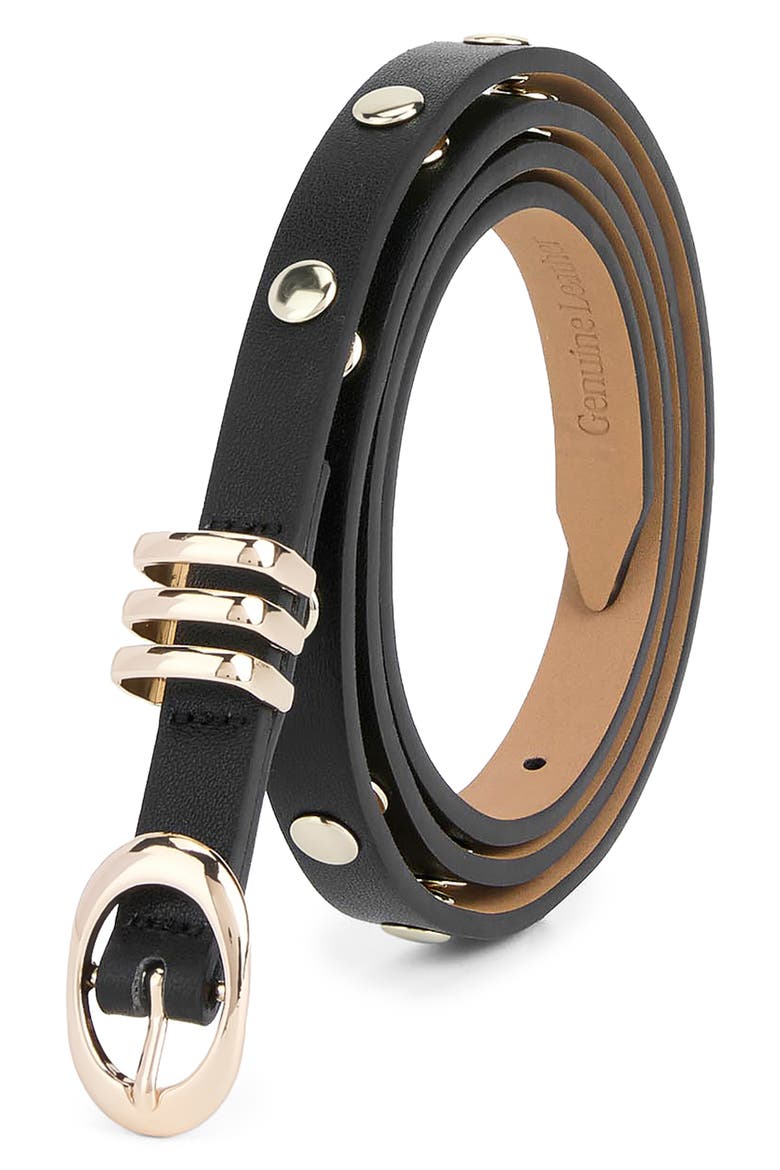Skinny Studded Leather Belt, Alternate, color, BLACK