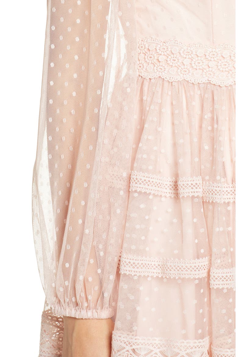 Tiered Ruffle Long Sleeve Lace Midi Dress, Alternate, color, PINK PEACH