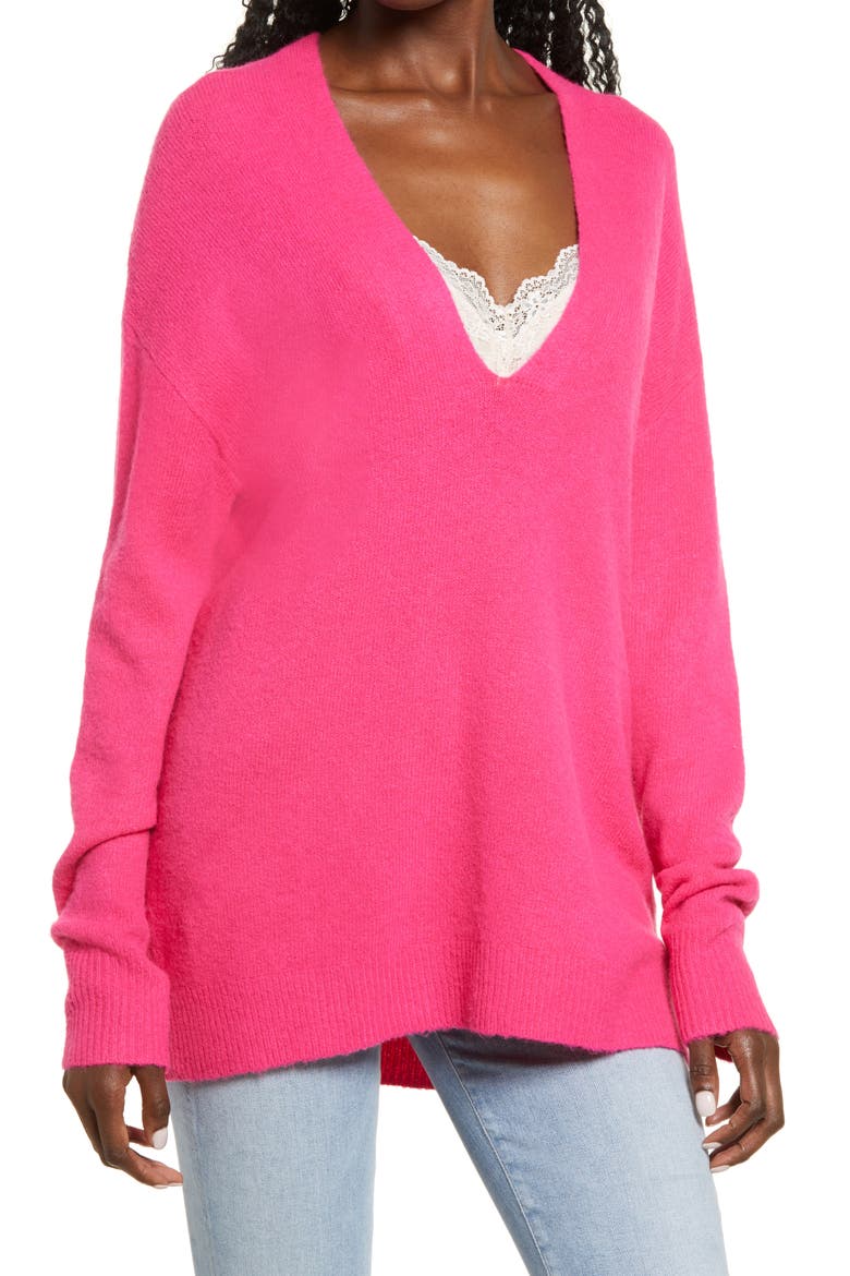 Cozy V-Neck Sweater, Main, color, PINK FLASH