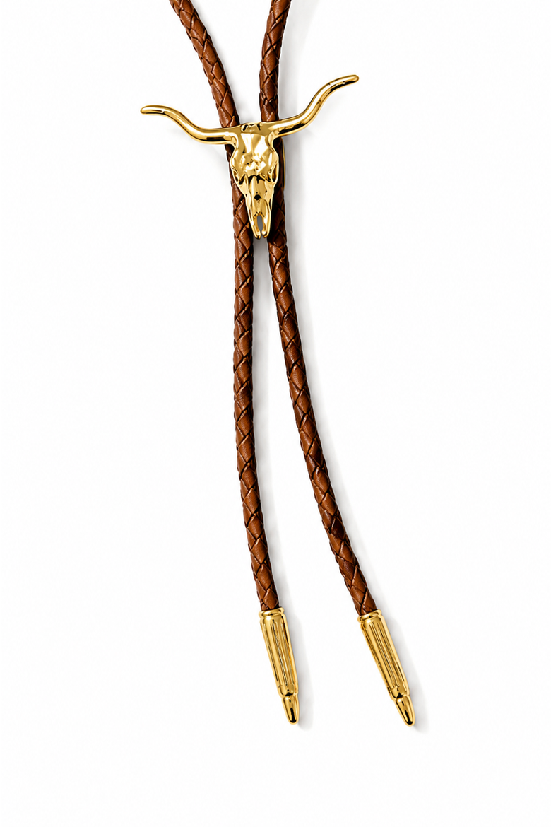 Longhorn Bolo Tie Necklace with Brown Cord, Alternate, color, Brown and Gold