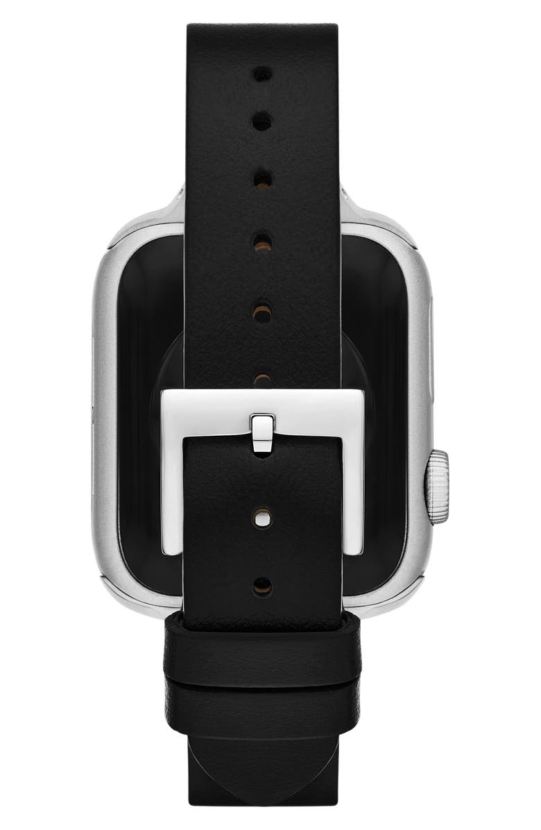 Tory Burch The 'T' Leather 14mm Apple Watch<sup>®</sup> Watchband, Alternate, color, Black