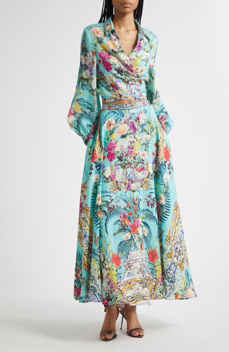 Camilla Crystal Embellished Crop Linen Wrap Shirt, Alternate, color, Gardens Of Queluz