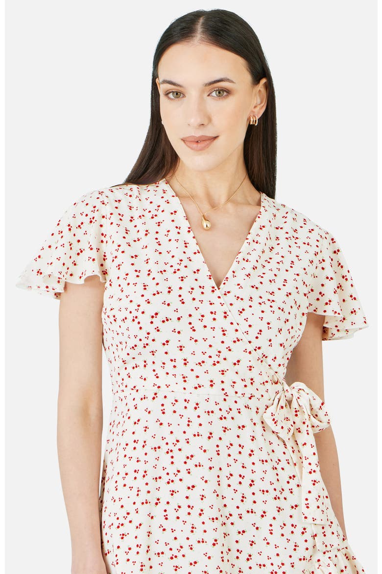 Ditsy Print Frill Wrap Dress, Alternate, color, White