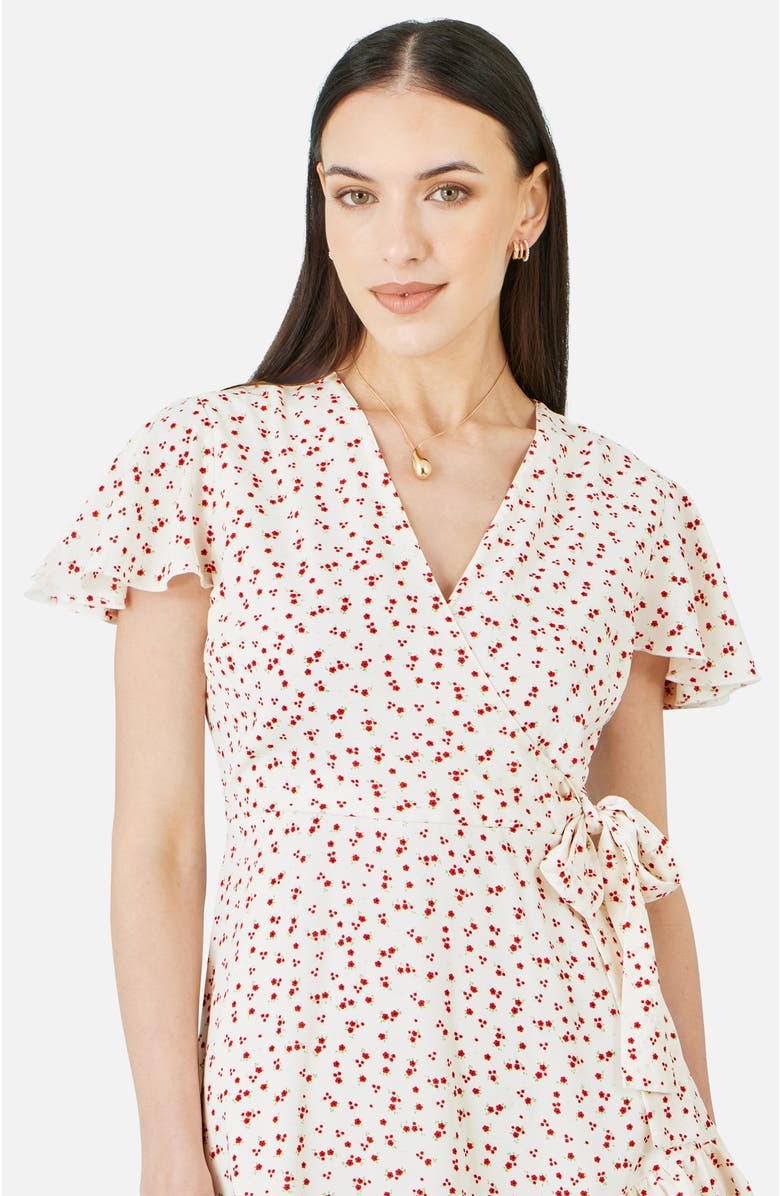 Yumi Ditsy Print Frill Wrap Dress, Alternate, color, White